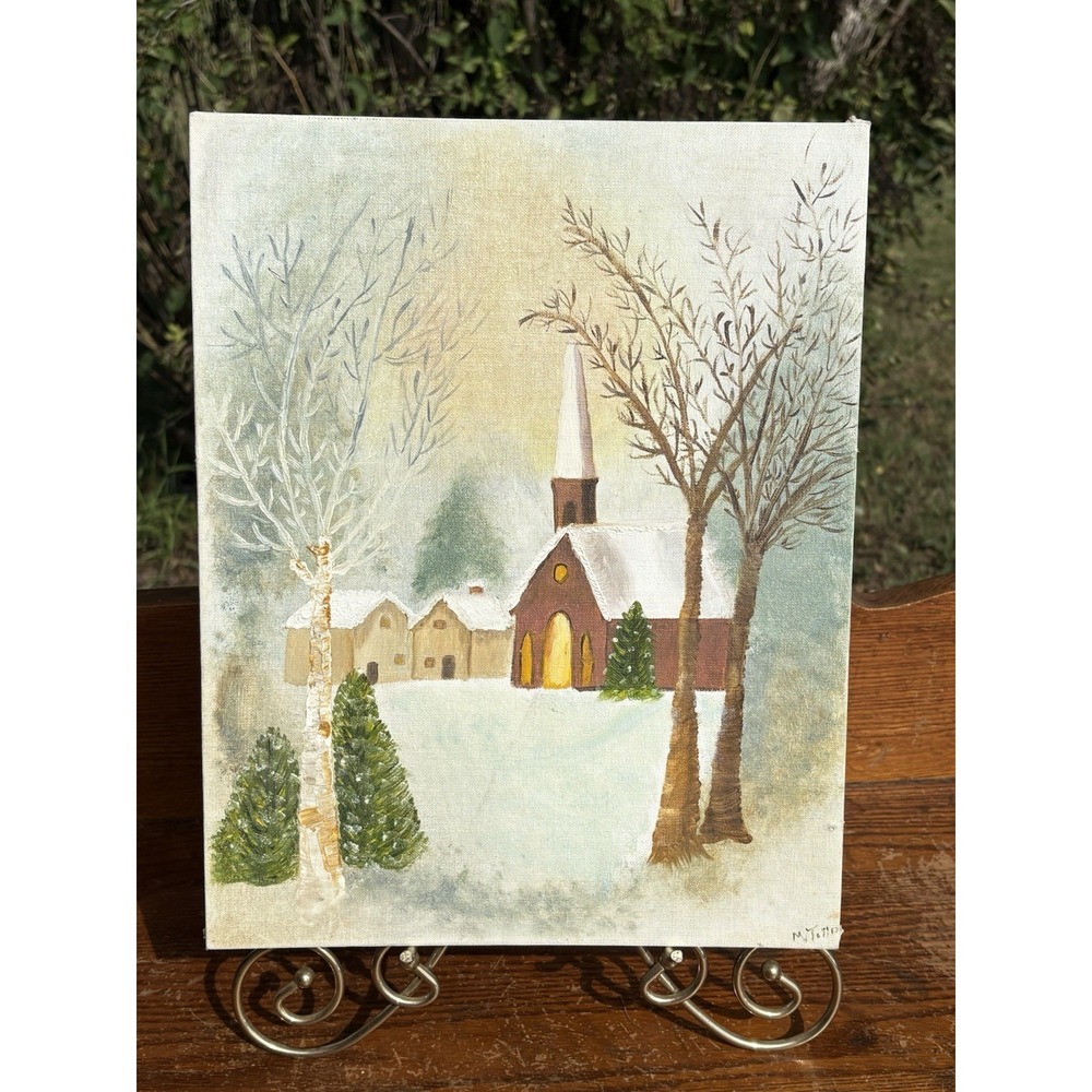 Vintage Original Winter Landscape Oil Painting On Canvas Church Scene 14" X 11"